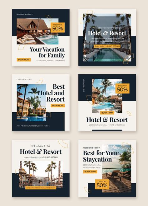 Hotel & Resort Instagram Post Templates PSD Resort Marketing Ideas, Hotel Instagram Post Design, Resort Promotion Design, Resort Social Media Post Ideas, Hotel Social Media Post Design, Hotel Instagram Post Ideas, Hotel Instagram Feed Ideas, Hotel Promotion Poster, Hotel Ads Design