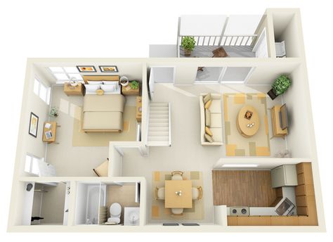 1B 1st Floor Townhome - 3D Floor Plan | by PCMG Apartments 1st Floor House Design, One Bedroom House Plans, One Bedroom House, Apartment Floor, 3d Floor Plan, Apartment Floor Plans, Apartment Living Room Design, Apartment Bedroom Decor, Bedroom Floor Plans