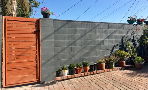 Black Patio Wall Ideas, Cinder Block Fence Ideas Backyards, Cinderblock Fence Makeover, Cinderblock Wall Landscaping, Backyard Wall Ideas Paint, Cinder Block Home Exterior Makeover, Paint Brick Wall Outdoor, Cinderblock Building Makeover, Backyard Brick Wall Ideas Paint