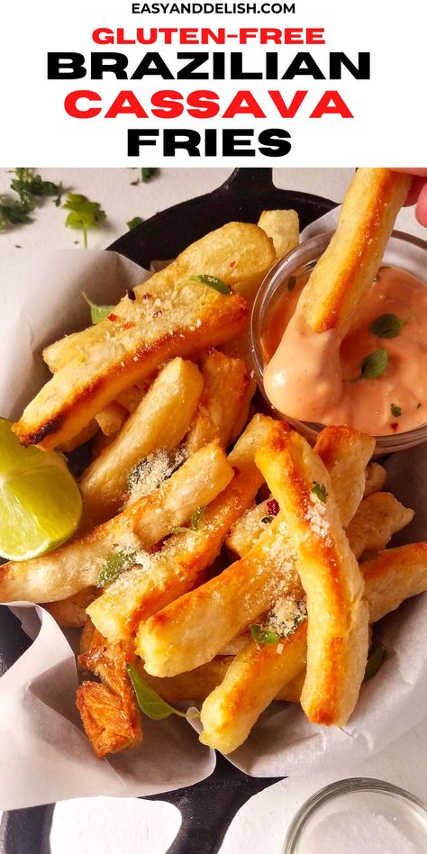 Cassava Recipes Healthy, Vegan Yucca Recipes, Cassava Fries Recipe, Gluten Free Fries, Cassava Recipes, Cassava Fries, Brazilian Snacks, Yuca Fries, Yucca Recipe