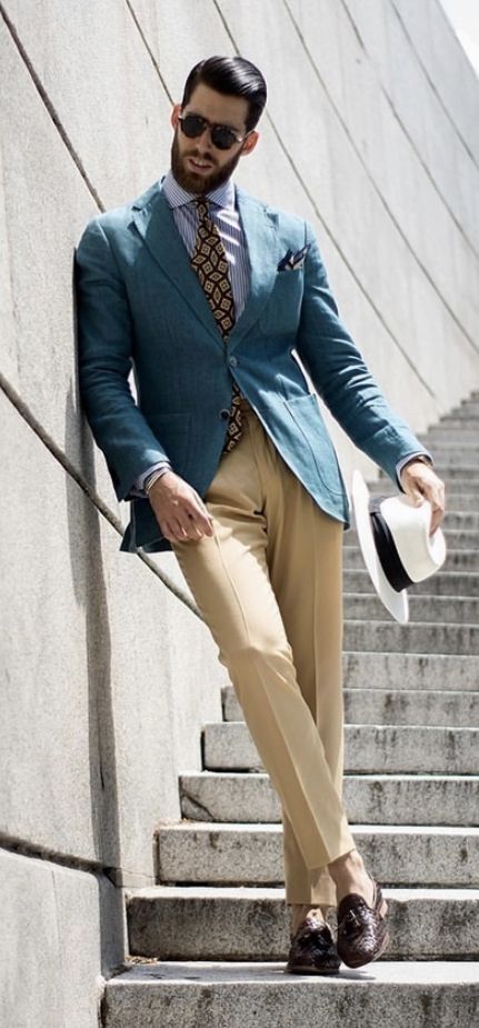 With white hat, blue shirt and beige trousers | #mensblazer #mensclothing #blazeroutfit #blazer #mensbusinesscasual Blazer Business Outfits, Business Outfits For Men, Turquoise Blazer, Outfits For Men, Beige Outfit, White Hat, Business Casual Men, Blazer Outfits, Business Outfits