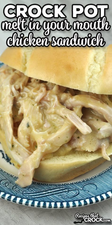 Crockpot Sandwich Recipes, Pulled Chicken Crock Pot Recipes, Crock Pot Sandwiches, Crockpot Pulled Chicken, Melt In Your Mouth Chicken, Shredded Chicken Sandwiches, Pulled Chicken Recipes, Shredded Chicken Crockpot, Hot Chicken Sandwiches