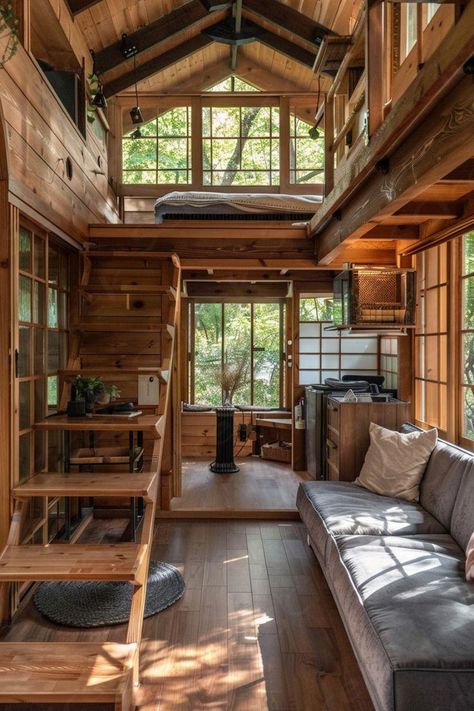 Tiny House Forest, Tiny Loft House, Small Wood Cabin, Japanese Style Tiny House, Japanese Tiny House, Diy Tiny House Plans, Tiny House Designs, Tiny Loft, Small Living Spaces