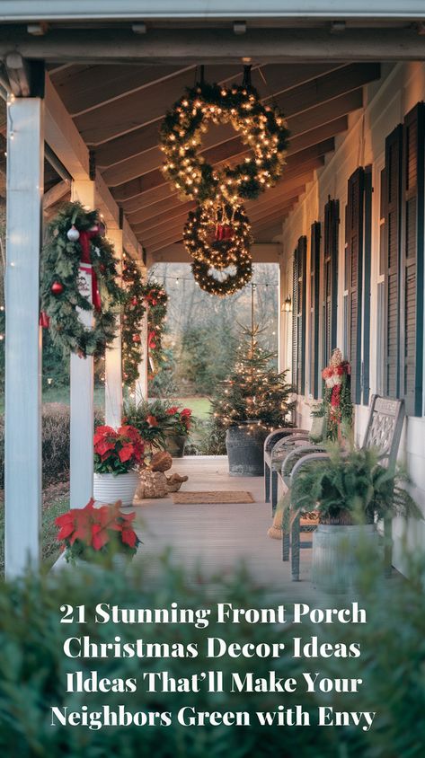 21 Stunning Front Porch Christmas Decor Ideas That'll Make Your Neighbors Green with Envy! Pallet Tree, Hanging Christmas Stockings, Seasonal Pillows, Gold Color Palettes, Porch Furniture, Front Porch Christmas Decor Ideas, Porch Christmas Decor Ideas, Porch Christmas Decor, Front Porch Christmas