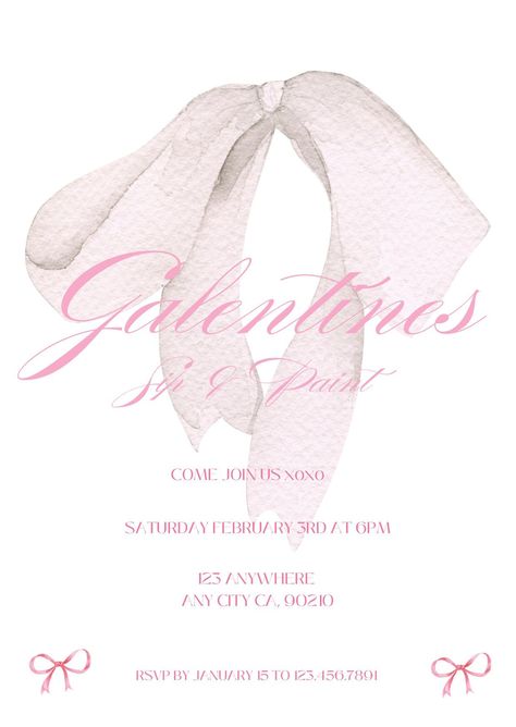 Galentines Day Sip and Paint Invitation Coquette super trendy and cute! The girlies will love it! Coquette Party Invitation, Coquette Invitation Template, Galentines Invitation Template, Galentine Invitation, Giveaway Ideas Birthday, Coquette Invitation, Galentines Invitation, Painted Invitations, Bow Invitation