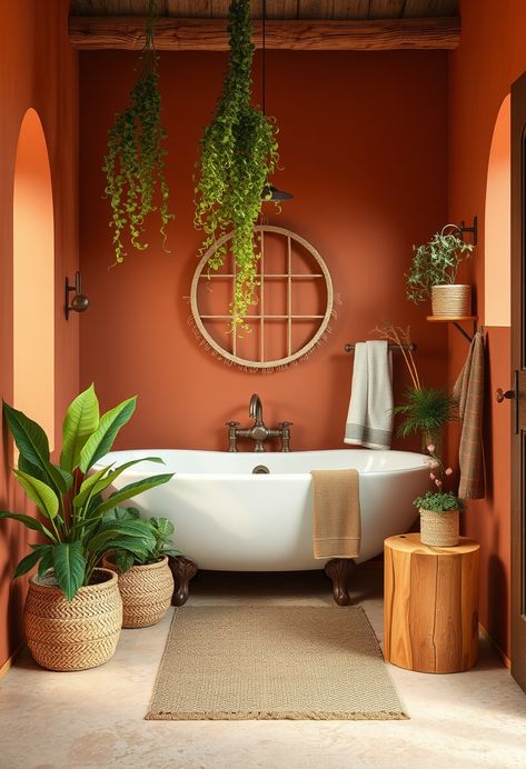 Add natural warmth to your bathroom with terracotta tones. Pair it with wood and greenery for a cozy, earthy vibe. #TerracottaBathroom #BathroomIdeas #WarmColors Just Peachy Bathroom, Salmon Bathroom Walls, Terracota Bathroom Color Schemes, Beige And Terracotta Bathroom, Rust Bathroom Ideas, Tangerine Bathroom, Terracotta Paint Bathroom, Small Bathroom Wall Colors, Terracotta Bathroom Ideas