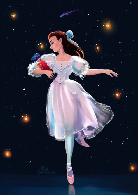 The Midnight Dance- Clara and her Nutcracker dancing in ballet in the sparkling stars of the Christmas night Ballet Wallpaper, Ballet Illustration, Disney Mignon, Princesas Disney Anime, Karakter Disney, Ballet Art, Dance Poster, Nutcracker Ballet, Disney Princess Art