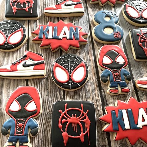 Spiderverse Cookies, Miles Morales Birthday Invitations, Miles Morales Bday Party, Miles Morales Cookies, Miles Morales Birthday Party Decorations, Miles Morales Party Ideas, Spiderverse Birthday Party, Miles Morales Cake, Miles Morales Birthday Party