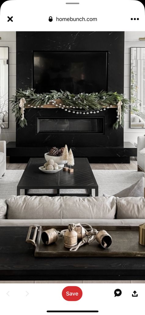 Christmas Fireplace With Tv, Black Fireplace Christmas Decor, Black Fireplace Mantel, Black Cabin, Black Fireplace, Christmas Fireplace Decor, Cabin Christmas, Simple Christmas Decor, Christmas Living Rooms