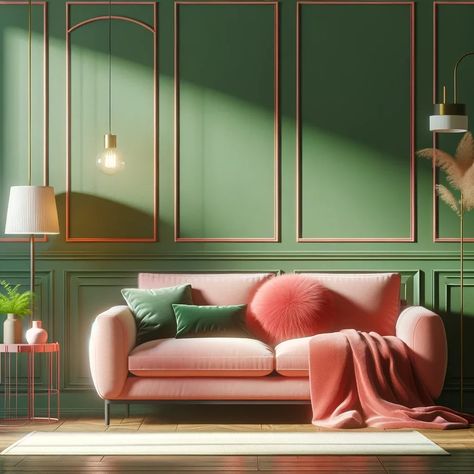 green walls with coral pink furniture Green Wall Pink Sofa, Pink Couch Green Wall, Pink Walls Green Trim, Pink Living Room Walls, Pink Sofa Living Room, Pink Painted Walls, Furniture Colors, Orange Furniture, Green Dresser