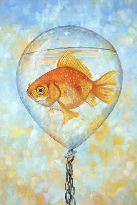 Every time I look at this fish in a floating water balloon, I think to myself, did I really paint that? Fish In Water Painting, Fish Surrealism, Fish Bowl Art, Goldfish Art, Surealism Art, Floating Water, Surrealism Painting, Water Art, Fish Painting