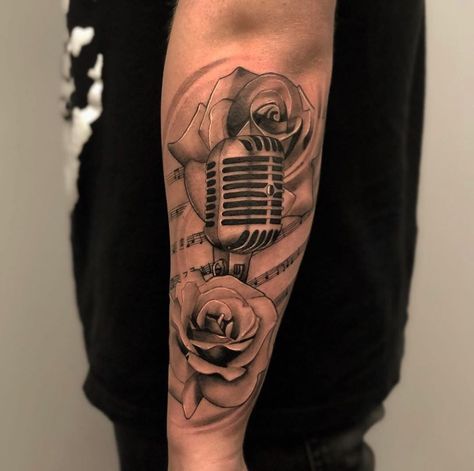 Black and grey Microphone and roses music theme sleeve Hon Tattoo Music Tattoo Designs Sleeve, Microphone Tattoo, Music Tattoo Sleeves, Realism Tattoos, Music Tattoo Designs, Roses Tattoo, Music Tattoo, Rap Artists, Sleeve Tattoos For Women