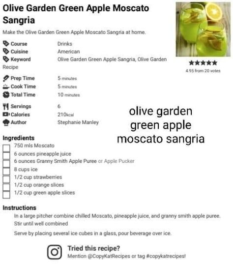 Olive Garden Green Apple Sangria, Olive Garden Apple Sangria Recipe, Green Apple Sangria Olive Garden, Green Signature Drinks, Olive Garden Green Apple Moscato Sangria, Apple Moscato Sangria, Olive Garden Sangria Recipe, Green Apple Sangria, Green Apple Moscato Sangria