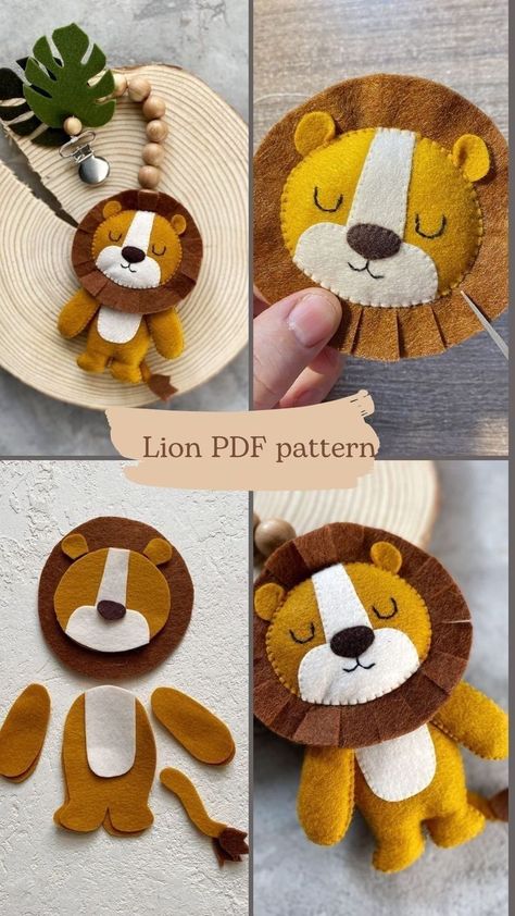 Felt Lion, Lion Toys, Lion Pattern, Diy Baby Mobile, Baby Mobil, Felt Toys Patterns, Felt Animal Patterns, Felt Crafts Diy, Pola Amigurumi