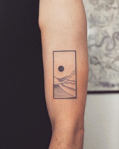 Tattoo In Box Idea, Lake Reflection Tattoo, Rectangle Tattoo Design, Square Tattoos, Victor Tattoo, Rectangle Tattoo, Tattoo Landscape, Reflection Tattoo, Scenery Tattoo