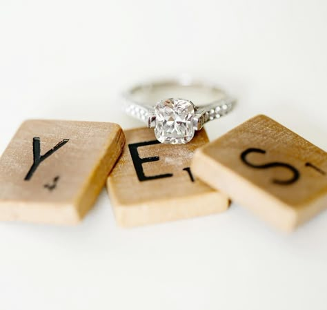 engagement ring with scrabble tiles via @lifestyleinfocus | 8 Ways To Announce Your Engagement On Instagram | The Pink Bride®️ www.thepinkbride.com Scrabble Engagement Pictures, Scrabble Tile Wedding Ideas, Engagement Ring Announcement Pictures, Engament Announcements Ideas, Cute Ways To Announce Engagement, Engagement Announcement Ideas Facebook, Engagement Ring Photos Ideas Creative, Engagement Rings Photography, Engagement Rings Photos