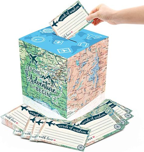 51PCS Adventure Card Box Holder and Advice Cards for Adventure Awaits Bon Voyage Farewell Travel Themed Birthday Graduation Retirement Job Career Change Party Decorations Supplies Travel Party Decorations, Airport Theme, Gold Card Box Wedding, Wedding Gift Card Box, Travel Theme Bridal Shower, Travel Bridal Showers, Bon Voyage Party, Travel Party Theme, Card Box Holder