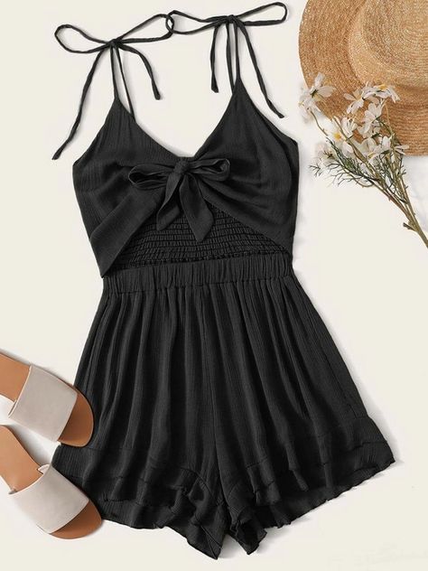 Tie Front Shirred Ruffle Hem Cami Playsuit | SHEIN USA Skater Girl Fits, Regular Outfits, 2023 Summer Outfits, College Wardrobe, Spaghetti Strap Rompers, Cami Romper, Casual Outwear, Cute Shopping, Alt Goth