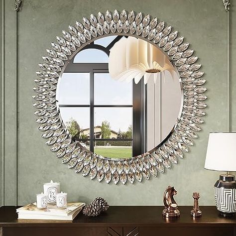 Amazon.com: Kelly Miller Round Jeweled Decorative Mirror for Wall, 26 Inch Modern Bathroom Wall Mirror Luxury Vanity Mirror Diamond Mirror for Restroom Half Bath Living Room Bedroom Fireplace Mantle Hallway : Home & Kitchen Bedroom Fireplace Mantle, Modern Mirror Wall Decor, Luxury Vanity, Mirror Luxury, Simple Bathroom Remodel, Bathroom Wall Mirror, Mirror For Wall, Gold Mirror Wall, Luxury Mirror