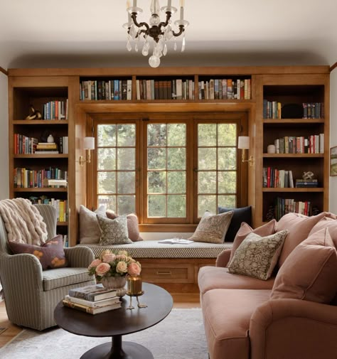 Family Room With Window Seat, Bookcase With Seating Built Ins, Bookshelves By Window, Library Around Window, Window Seating In Living Room, Window Seating With Bookshelves, Library Room With Window Seat, Bay Window Seat Bookshelf, Window Seat Styling