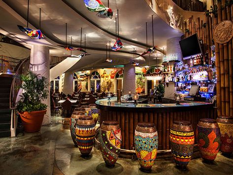 The colorful bar area with bongo drum shaped bar stools at Bongos Cuban Cafe Bongo Drum, Cuban Cafe, Colorful Bar, Orlando Restaurants, African Interior Design, African Inspired Decor, Decoration Restaurant, Disney World Restaurants, Disney Restaurants