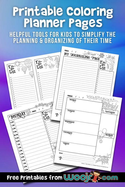 Printable Coloring Planner Pages | Woo! Jr. Kids Activities Coloring Planner, Daily Planner Printables Free, Free Daily Planner, Planner Writing, Spanish Teaching Resources, Kids Schedule, Kids Planner, Printable Planner Pages, Lesson Planner