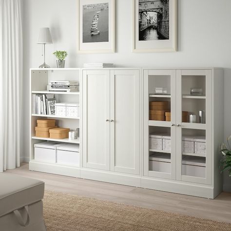 HAVSTA Storage combination w/glass doors - white - IKEA Havsta Storage Combination, Ikea Living Room, Ikea Hack Ideas, Ikea Furniture Hacks, Glass Cabinets Display, Glass Cabinet Doors, Scandinavian Furniture, Furniture Hacks, Living Room Storage