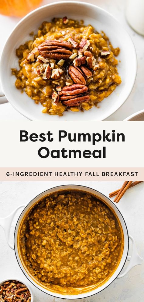 This cozy pumpkin oatmeal makes for the perfect healthy fall breakfast. It's loaded with pumpkin flavor and warm spices and is super easy to make with just 6 ingredients. Pumpkin Seed Oatmeal, Fall Healthy Recipes, Fall Oatmeal, Healthy Pumpkin Oatmeal, Easy Pumpkin Oatmeal, Healthy Fall Breakfast, Recipes Squash, Paleo Oatmeal, Inflammation Recipes