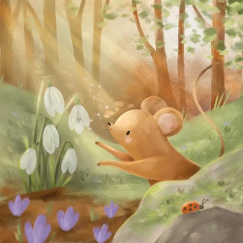 Cute Mouse Illustration, Maus Illustration, Book Illustration Layout, Kid's Playroom, Square Poster, Digital Brushes, Mouse Illustration, Spring Illustration, Happy Painting