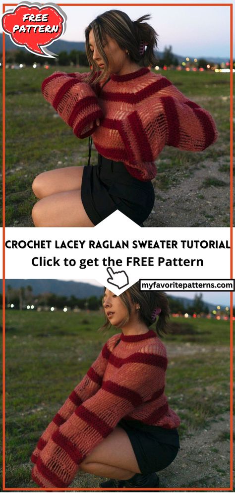 Crochet Lacey Raglan Sweater Tutorial Raglan Sweater Crochet Pattern Free, Raglan Crochet Top, Raglan Sweater Crochet Pattern, Raglan Crochet Sweater Pattern Free, Unique Crochet Ideas Creative, Crochet Raglan Sweater Pattern Free, Chunky Crochet Sweater Pattern Free, Crochet Raglan Sweater Pattern, Crochet Hoodie Pattern Free