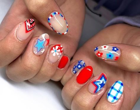 Hand Painted 4th Of July Nails, Crazy 4th Of July Nails, Easy 4th Of July Nails Short, Crazy Fourth Of July Nails, Forth Of July Nails Fireworks, 3d 4th Of July Nails, Easy Firework Nail Design, Easy 4th Of July Nails Simple Short, Fun Fourth Of July Nails