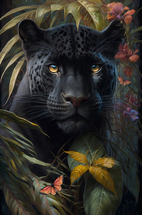 black Tiger and tropical among roses and palm leaves and butterfly Poster Exotic Animals Art, Panther Pictures, Black Panther Tattoo, Panther Tattoo, Spirit Animal Art, Big Cats Art, Black Tigers, Animal Wallpaper, Jungle Animals