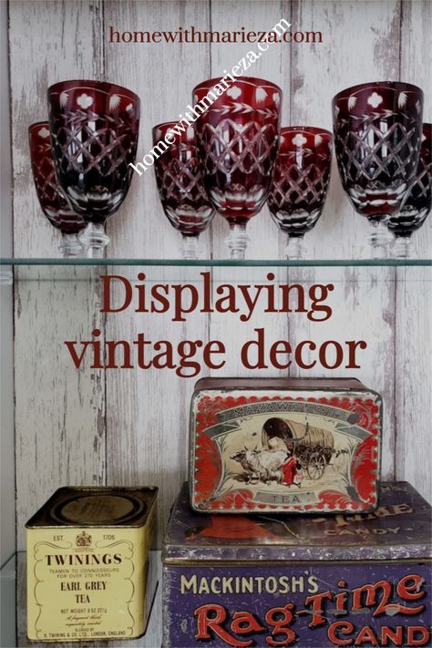 Decorating with vintage finds #vintage #styling #ideas #home decor #ornaments Chamber Pot Ideas, Decorating With Vintage Tins, Decorating With Vintage Items Antiques, Vintage Coffee Table Decor Ideas, Home Decor Ideas Vintage, Vintage Living Room Ideas, Vintage Home Interior, Egyptian Pattern, Cake Stand Decor