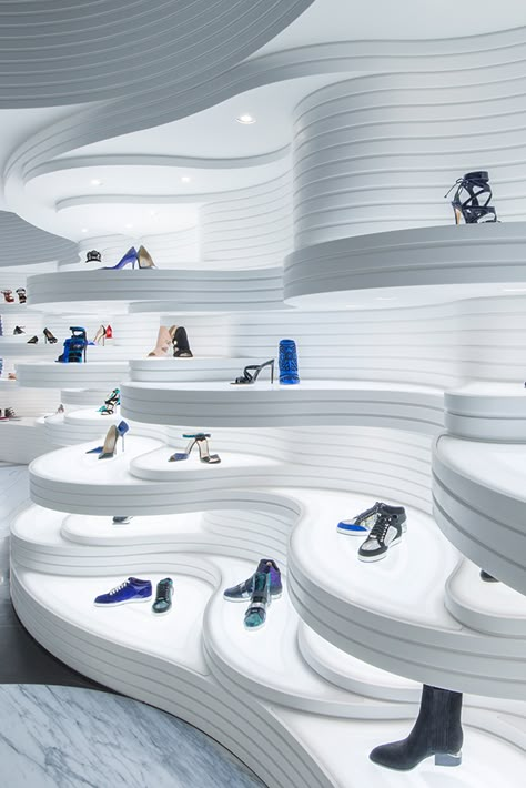 Shoebaloo store displays - product design - MVSA Architects Shoe Store Design, Retail Interior Design, Showroom Interior Design, Futuristic Interior, Showroom Design, Store Design Interior, Retail Interior, Retail Store Design, Product Display