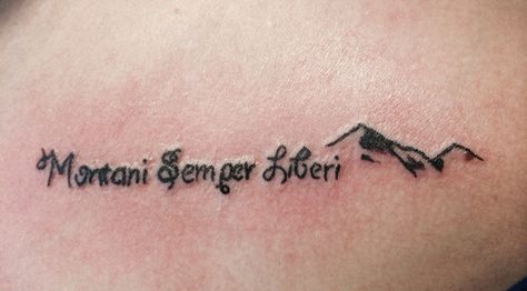 Montani Semper Liberi tattoo done by Devyn McDaniel it means "mountaineers are always free" #wv #mountains #latin Montani Semper Liberi Tattoo, Wv Tattoo Ideas West Virginia, Wvu Tattoos, Country Roads Tattoo, Wv Tattoo Ideas, Wv Tattoo, West Virginia Tattoo, Wv Mountains, Latin Sayings