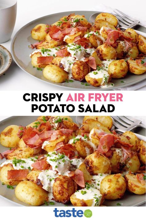 Did you know that you can make crispy potato salad by simply using the air fryer? Finished with a tangy sour cream and chive and mayonnaise dressing, this dish is set to be the best side at your next summer barbecue feast. Mayonnaise Dressing, Air Fry Potatoes, Air Fryer Potato, Loaded Baked Potato Salad, Ninja Cooking System Recipes, New Air Fryer Recipes, Air Fryer Recipes Snacks, Air Fryer Cooking Times, Cooks Air Fryer