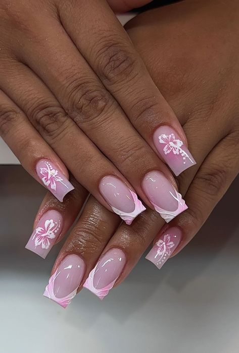 Blush Pink Nail Ideas, Girly Acrylic, Simple Unique Nail Designs, Nail Inspo Acrylic 3d Flowers, Pink Square Acrylic Nails With Flowers, Pink Nails With Flower Design, Pink French Tip Nails With 3d Flower, Pink Acrylic Nails 3d Flowers, Shorties Nails