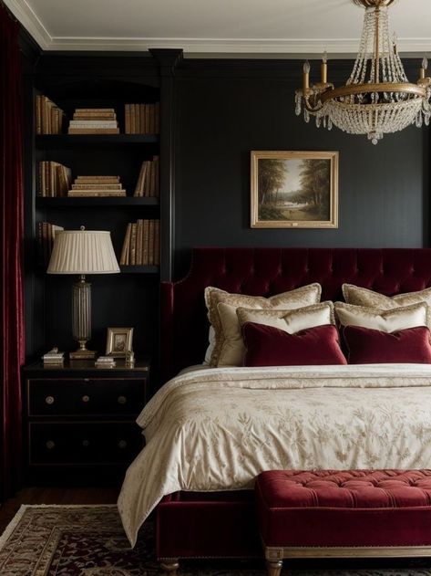 Dark Bedroom Walls, Dark Cozy Bedroom, Academia Bedroom, Masculine Bedroom, Moody Bedroom, Feminine Bedroom, Dark Bedroom, Casa Country, Mens Bedroom