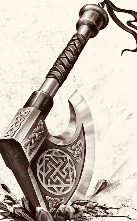 Viking Hammer Tattoo Design, Viking Axes Tattoos, Viking Axes Design Tattoo, Viking Axes Design, Thor Hammer Tattoo, Valhalla Tattoo, Viking Drawings, Celtic Sleeve Tattoos, Hammer Tattoo