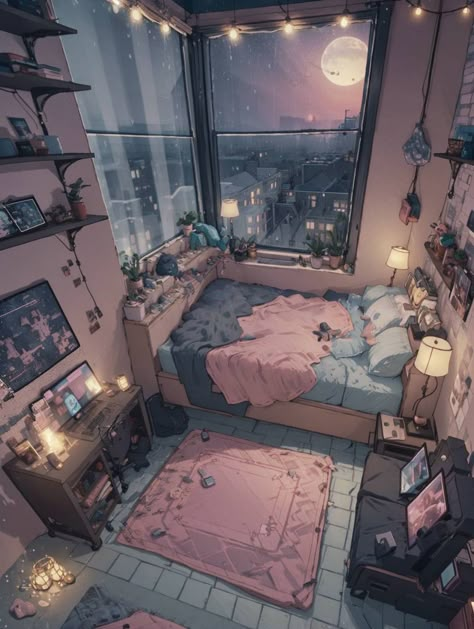 Bedroom Illustration, Anime Room, Cool Wallpapers Art, Dream Room Inspiration, Room Makeover Inspiration, Dreamy Art, Dream Rooms, Cool Rooms, الرسومات اللطيفة