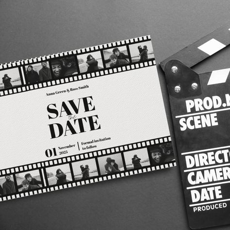 Film Inspired Wedding, Save The Date Unique Ideas, Save The Date Aesthetic, Film Theme Wedding, Movie Strip, Cinema Themed Wedding, Gala Aesthetic, Sabe The Date, Photo Collage Ideas