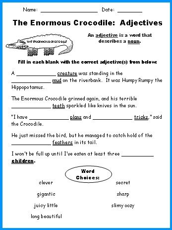 Enormous Crocodile Adjective Review Worksheet Roald Dahl Lesson Plans Crocodile Activities, Roald Dahl Activities, The Enormous Crocodile, Teacher Portfolio, Roald Dahl Books, Adjective Worksheet, The Twits, Comparative Adjectives, Kids Worksheets