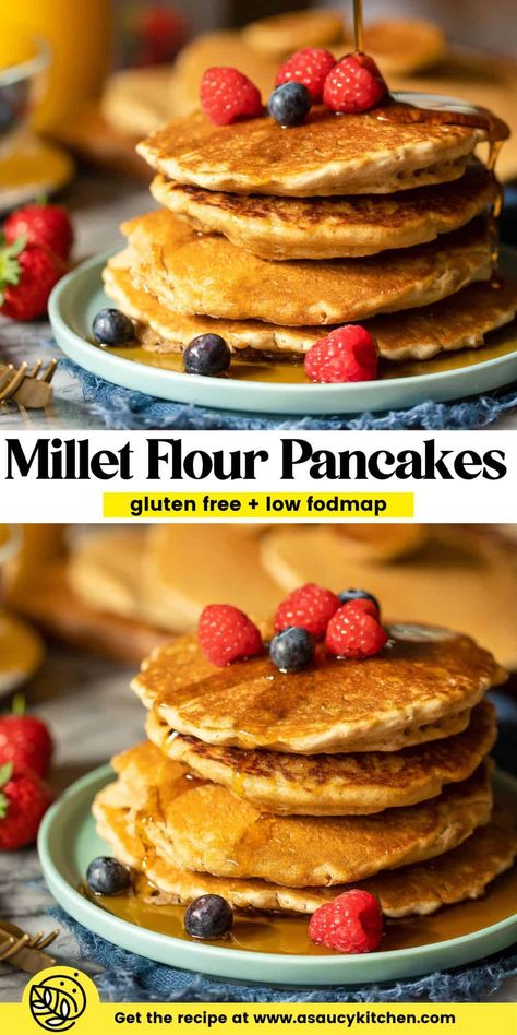 These millet pancakes are simple, delicious and easy to make! Thanks to the earthy, whole-grain flavor of millet flour, these pancakes make for a truly tasty breakfast treat that's even better with a drizzle of maple syrup or honey! Gluten Free Low FODMAP Dairy Free Option Millet Pancakes, Millet Breakfast, Buckwheat Flour Recipes, Gluten Free Low Fodmap, Healthy Breakfast Choices, Easy Breakfast Brunch, Pumpkin Pancake Recipe, Whole Wheat Pancakes, No Flour Pancakes