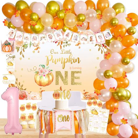 PRICES MAY VARY. Pumpkin First Birthday Party Decorations Includes - 83pcs fall themed balloon garland arch set, our little pumpkin is turning one backdrop, pumpkin first birthday high chair banner, pumpkin first birthday crown, 9pcs cake toppers, pumpkin first birthday milestone poster, pumpkin first birthday photo banner, number 1 foil balloon, 50pcs little maple leaves, 12pcs label cards, 12pcs gift label tags, 16ft flax string. Perfect For Fall Themed Party - Suit for fall theme 1st birthday Thanksgiving 1st Birthday, Pumpkin 1st Birthday Party, Themed Balloon Garland, Pumpkin First Birthday, 1st Birthday Party Decorations, 1st Birthday Party, First Birthday Party, Autumn Fall, First Birthday