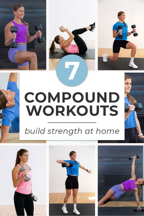 Challenge your total body strength and endurance with seven of the best full body compound workouts for women. Compound workouts engage multiple muscle groups at once. This functional style of training is perfect for anyone with a busy schedule. Train every major muscle group in at home with just a set of dumbbells. Compound Workouts For Women, Compound Exercises For Women, Compound Workouts, Women Build Muscle, Pregnancy Ab Workout, Barre Workout Video, Pregnancy Workout Videos, Fitness Queen, Hiit Workout Videos