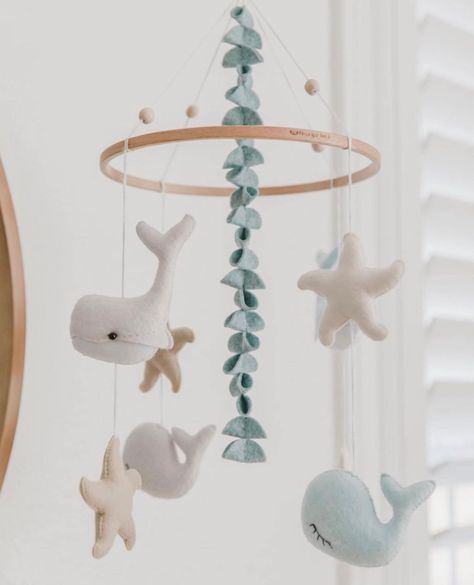 78 Ocean Inspired Finds For Your Under the Sea Nursery - Messy Bun Motherhood Ocean Baby Rooms, Sea Animal Nursery, Ocean Mobile, Nautical Mobile, Whale Mobile, Ocean Themed Nursery, Sea Nursery, Whale Nursery, Baby Boy Mobile