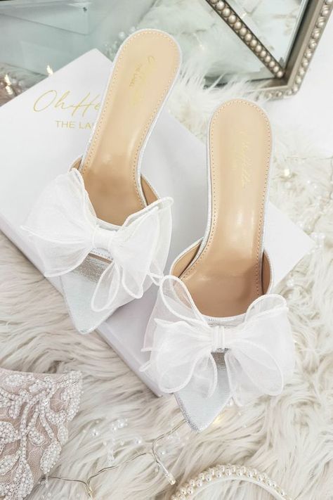 Oh Hello Clothing, Mule Heel, Heels Silver, Bridal Heels, Wedding Shoes Heels, Bow Heels, Shoe Inspiration, Wedding Bows, Wedding Heels