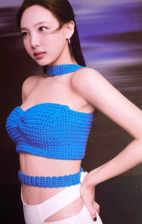 Twice Ready To Be, Top A Crochet, Dahyun Twice, Photocard Scan, Kawaii Crochet, Kpop Girl Bands, Blue Outfit, Girl Bands, Korean Street Fashion