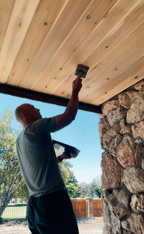 Cedar Wood on our Front Porch and Back Porch with Hanging Daybed - Nesting With Grace Wood Ceiling On Porch, Wood Overhang, Cedar Post Ideas, Cedar Porch, Cedar Ceiling Porch, Front Porch Wood Ceiling, Wood Porch Ceiling, Cedar Patio Ceiling, Wood Ceiling Porch