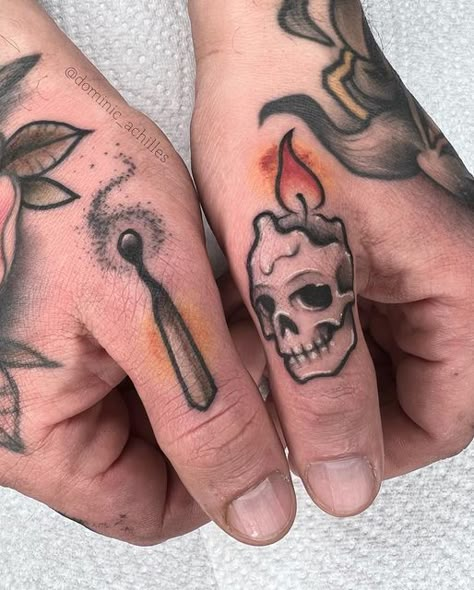 DOMINIC ACHILLES • NEOTRAD on Instagram: "Danke Tim! 🔥💀🕯 #matchsticktattoo #skulltattoo #streichholztattoo #thumbtattoo" Tattoo Designs Symbols, Wedding Rings For Couples, Coffin Tattoo, Traditional Hand Tattoo, 2023 Tattoo, Old School Tattoos, Thumb Tattoos, Rings For Couples, Cool Tattoo Drawings